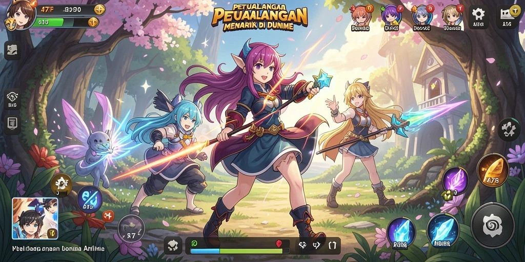 Tampilan gameplay 47F yang menarik dengan karakter anime berwarna-warni.