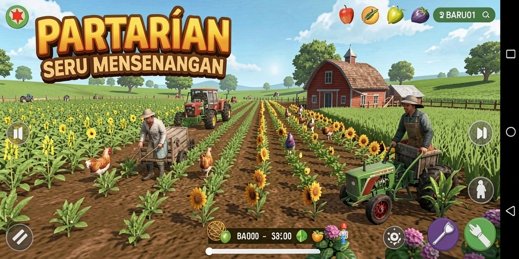 Tangkapan layar utama BARU01 menampilkan aktivitas pertanian yang menarik.