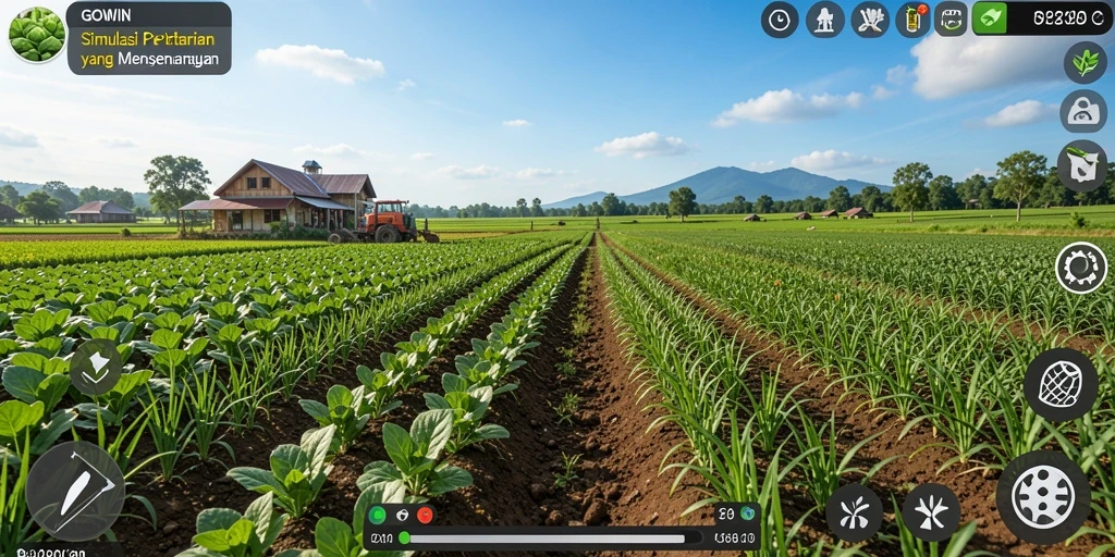 Screenshot utama GOWIN menampilkan pemain mengelola ladang pertanian.