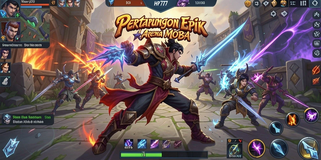 Screenshot dari gameplay HP777 yang menunjukkan pertempuran MOBA yang intens.