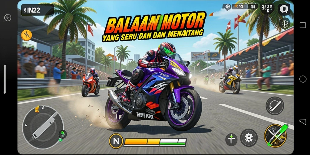 Screenshot IN22 menunjukkan balapan motor yang seru dan mendebarkan.