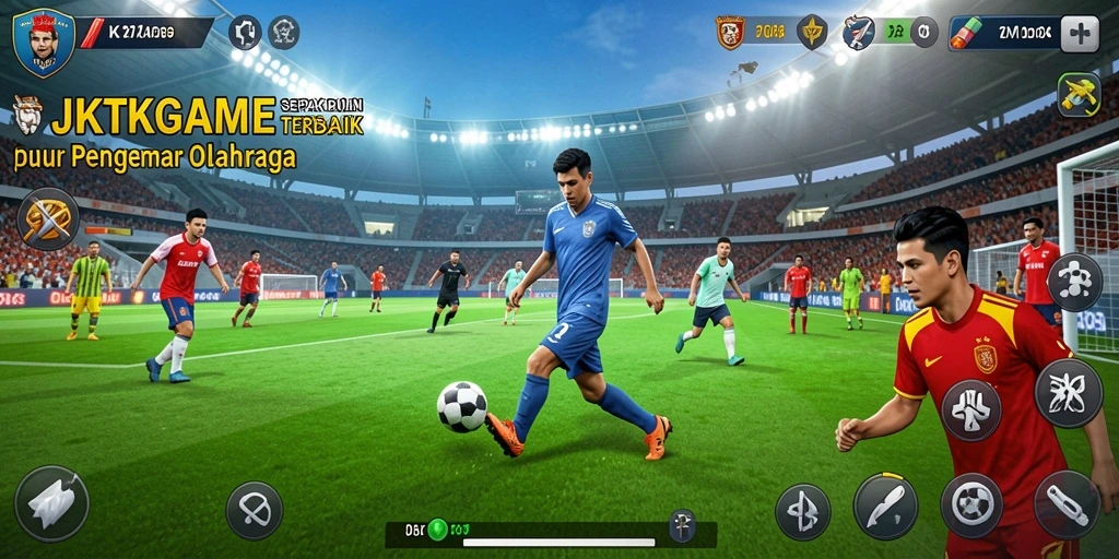 Tangkapan layar JKTGAME menampilkan aksi seru di lapangan sepak bola.