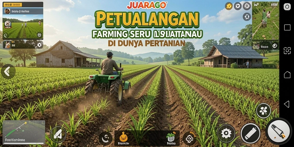 Gameplay JUARAGO menampilkan kebun yang subur dan hewan ternak yang menggemaskan.