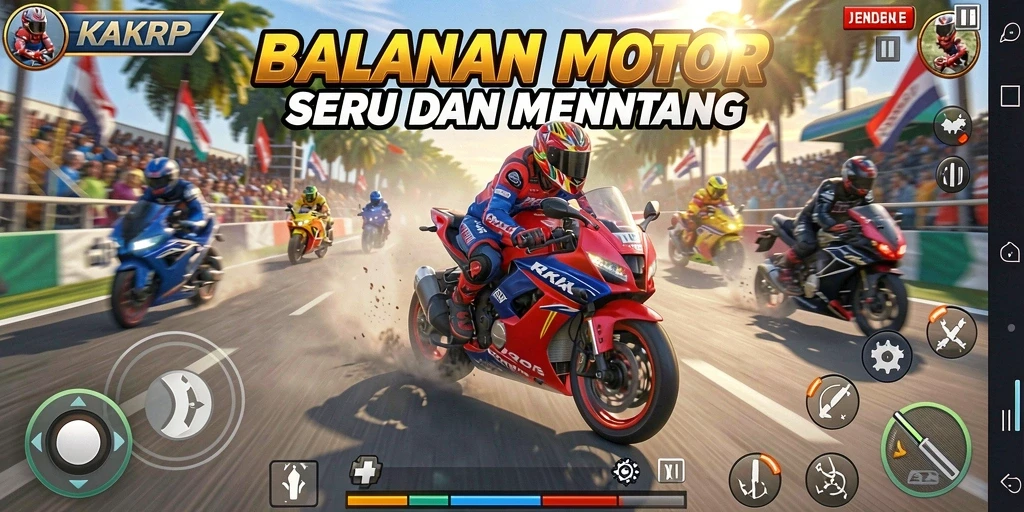Screenshot gameplay KAKRP yang menampilkan balapan motor yang mendebarkan.