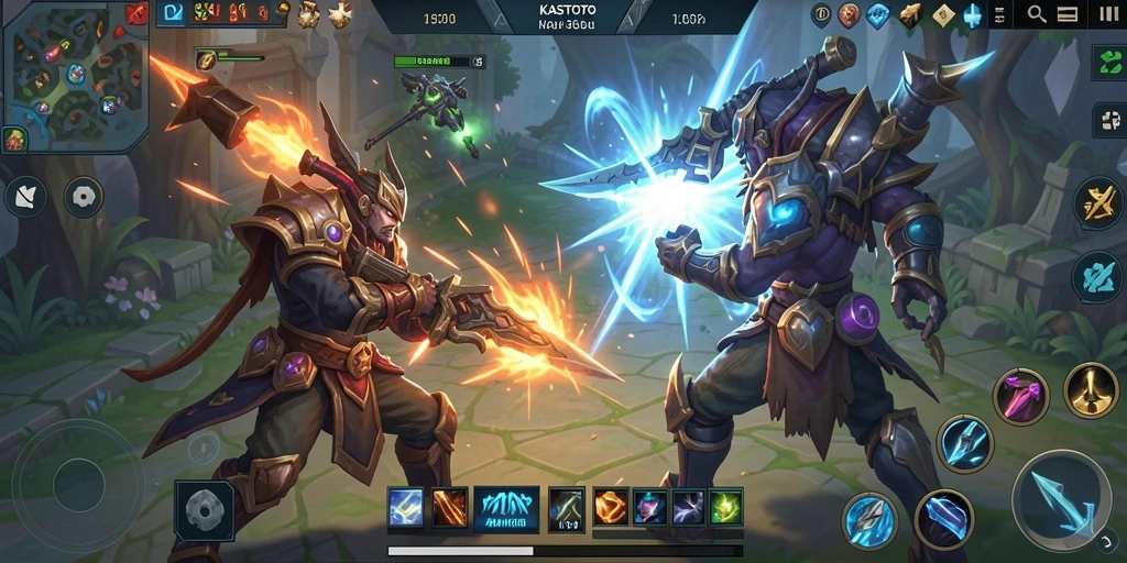 Gameplay KASTOTO yang penuh aksi dan strategi MOBA.