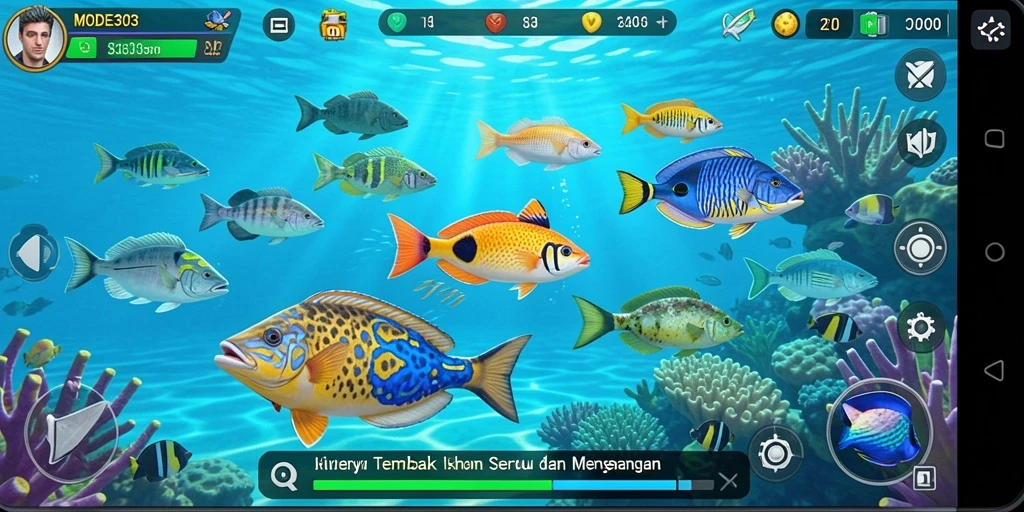 Tampak gameplay menyenangkan dalam MODE303 dengan aksi tembak ikan.