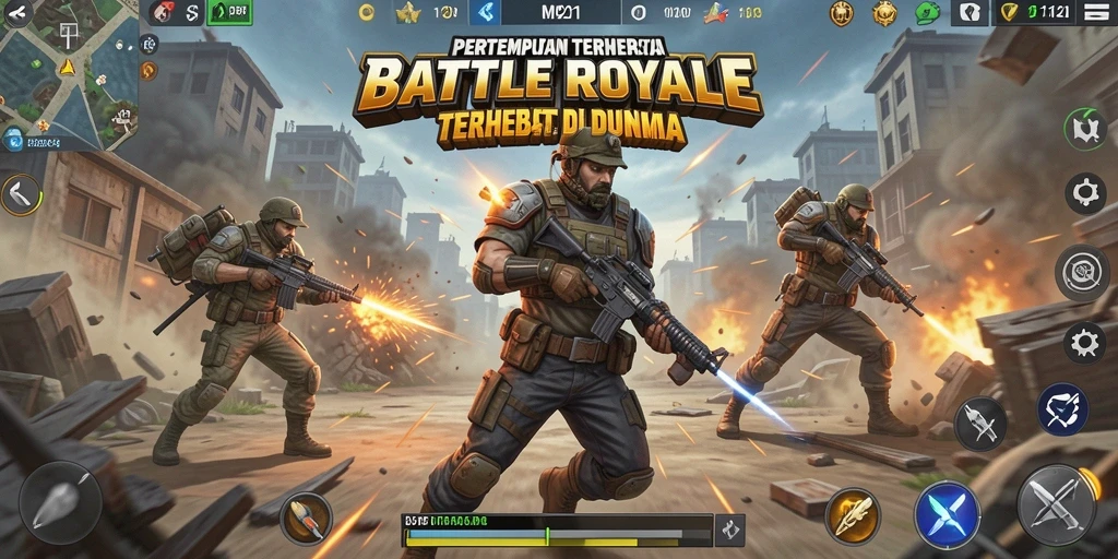 Tangkapan layar utama MPO2121 menampilkan aksi mendebarkan dalam pertempuran Battle Royale.