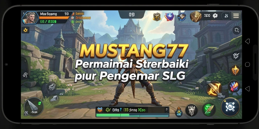 Tangkapan layar utama MUSTANG77 menampilkan aksi pertempuran strategi yang intens.