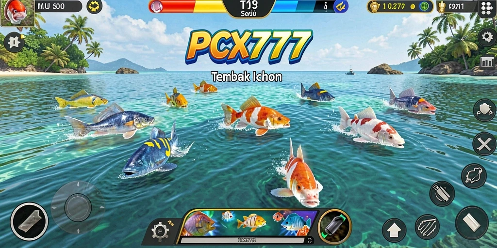 Tangkapan layar gameplay <strong>PCX777</strong> menampilkan aksi menembak ikan yang seru.