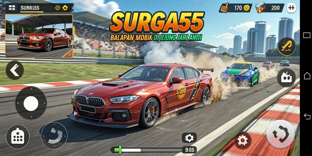 Tangkapan layar menunjukkan aksi balapan yang intens dan mobil yang berkilau.