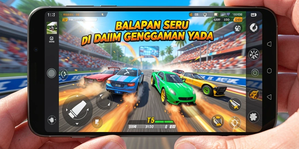 Screenshot utama T6 menampilkan mobil balap di lintasan.