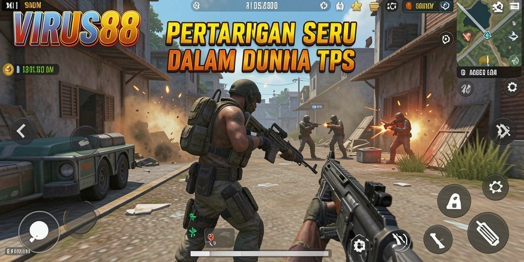 Screenshot gameplay VIRUS88 menampilkan aksi tembak-menembak yang seru.